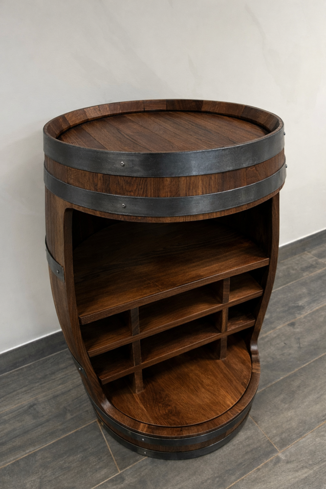 Bar en tonneau chêne massif 94 cm – Meuble cave à vin ouvert – Fabrication artisanale